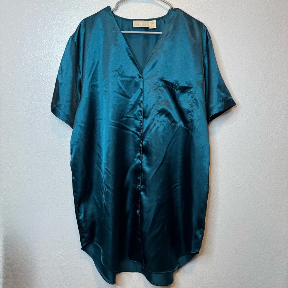 Solange Satin Short Sleeve Vintage Teal Button Up Sleep Shirt Size 14/16
